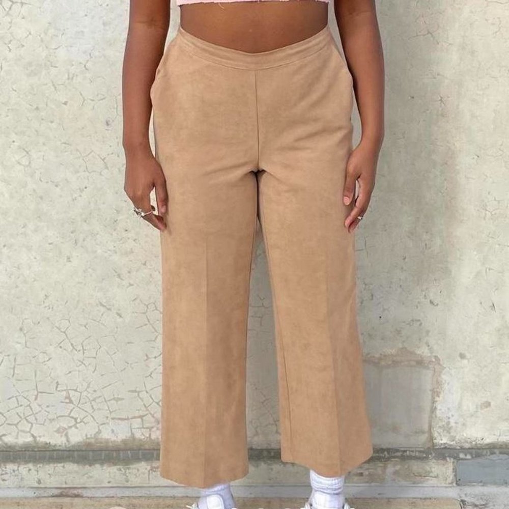 High waisted suede trouser pants in beige